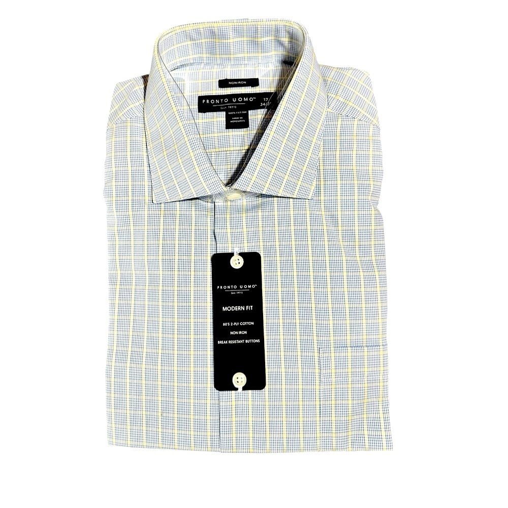 Pronto Uomo Men’s Dress Shirt Modern Fit 17 34/35 Blue Yellow Plaid NWT